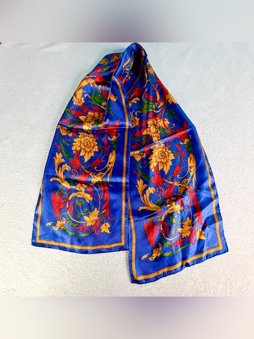 Elaine Gold Silk Satin 10X50 Scarf Floral Blue Multicolor Logo Iconic Women’s